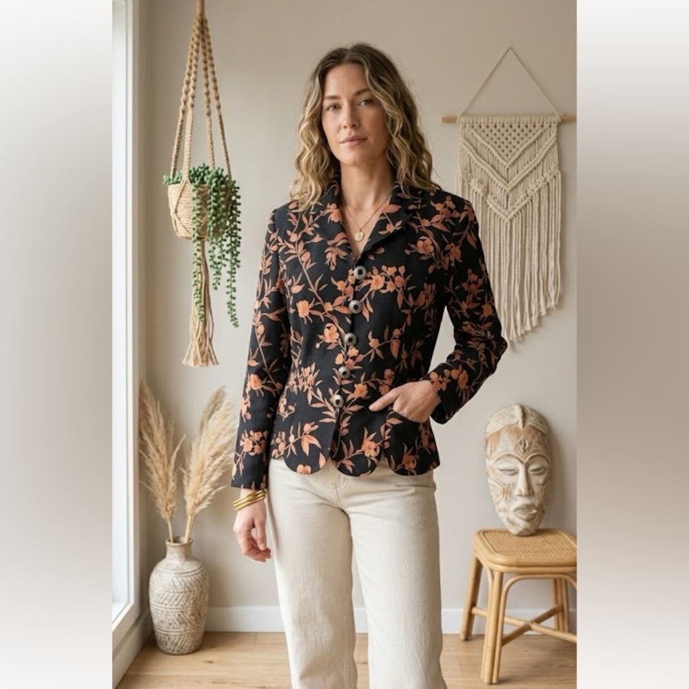 Vintage Leslie Fay Floral Blazer Jacket Black Orange Size 8